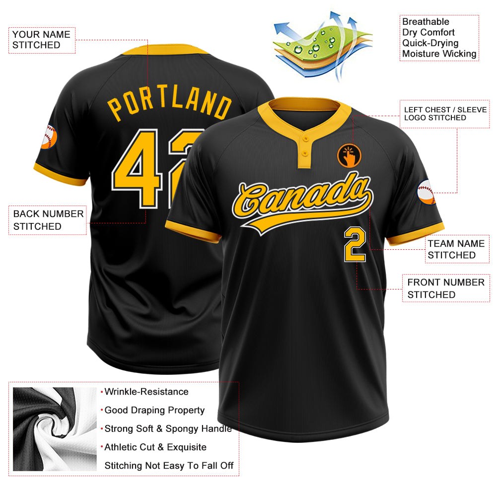 Custom Black Gold-White Two-Button Unisex Softball Jersey photo 3