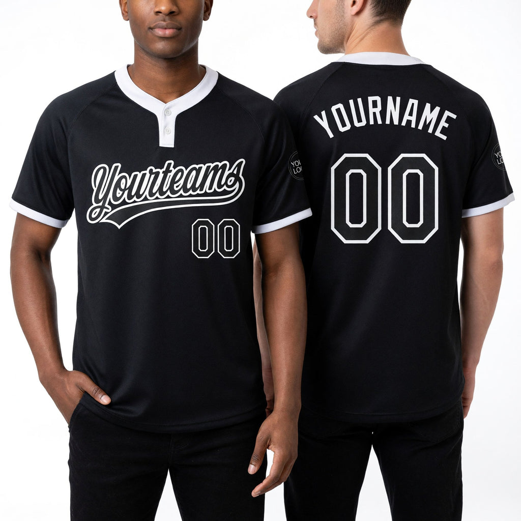 Custom Black Black-White Two-Button Unisex Softball Jersey worn front and back
