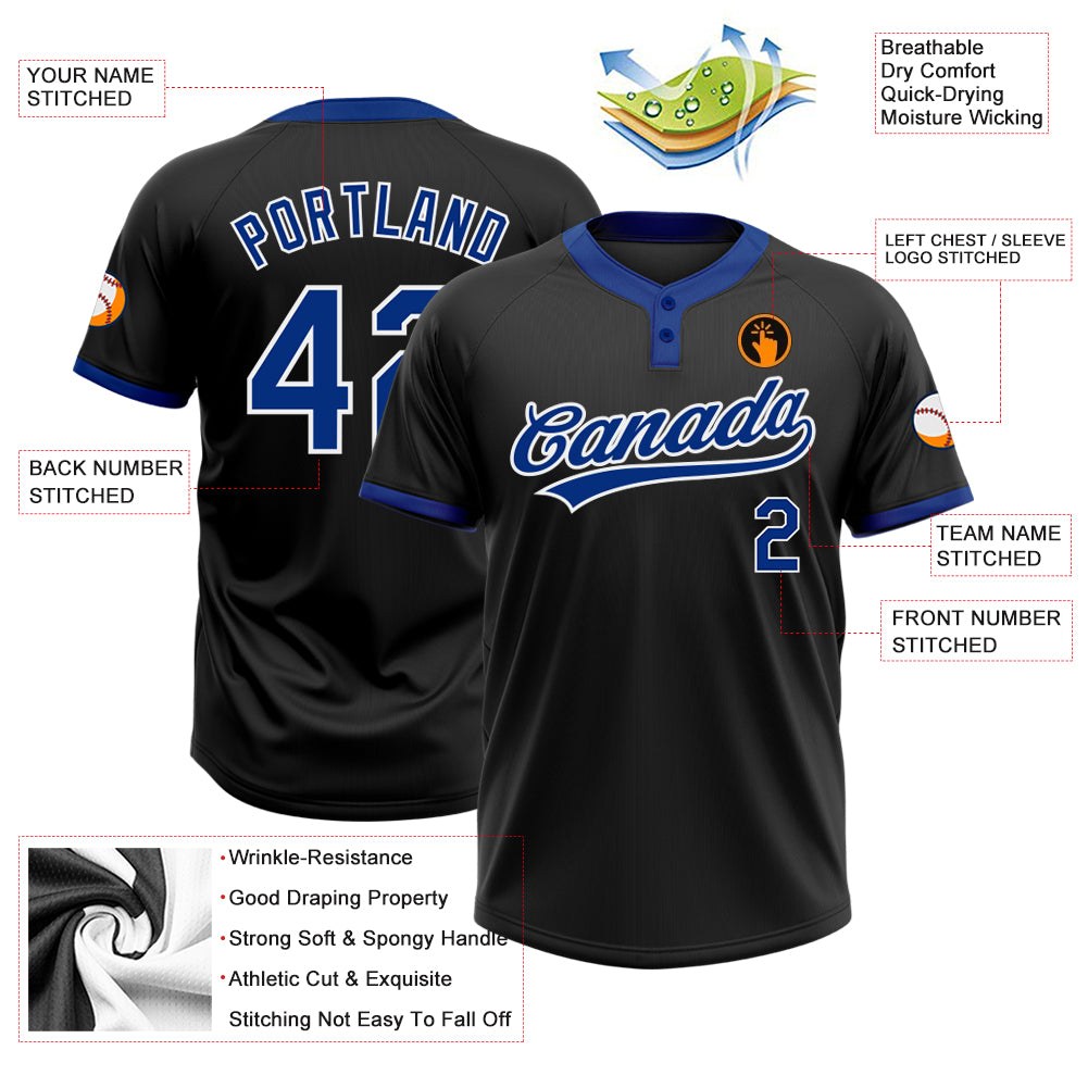 Custom Black Royal-White Two-Button Unisex Softball Jersey photo 3