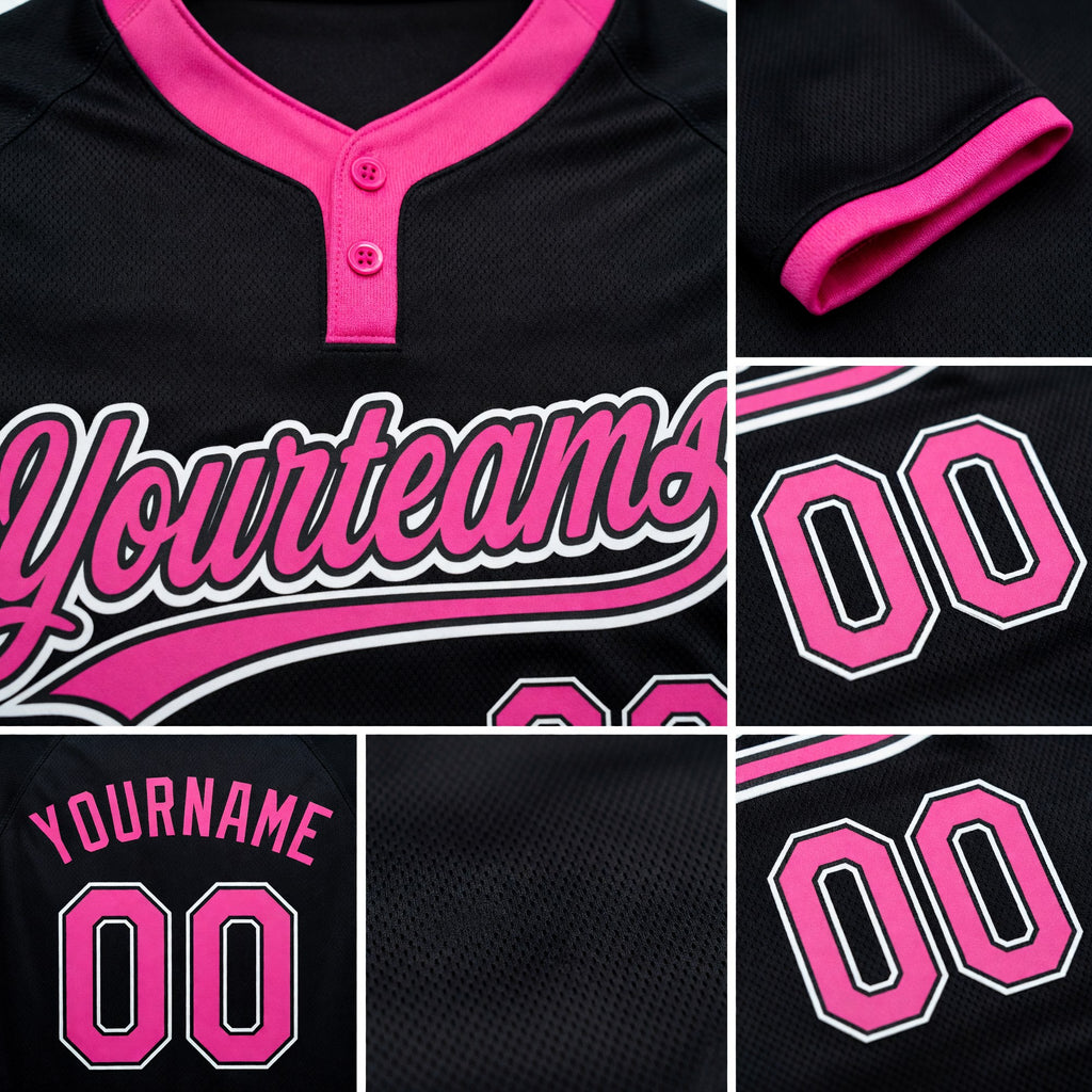 Custom Black Pink-White Two-Button Unisex Softball Jersey detail