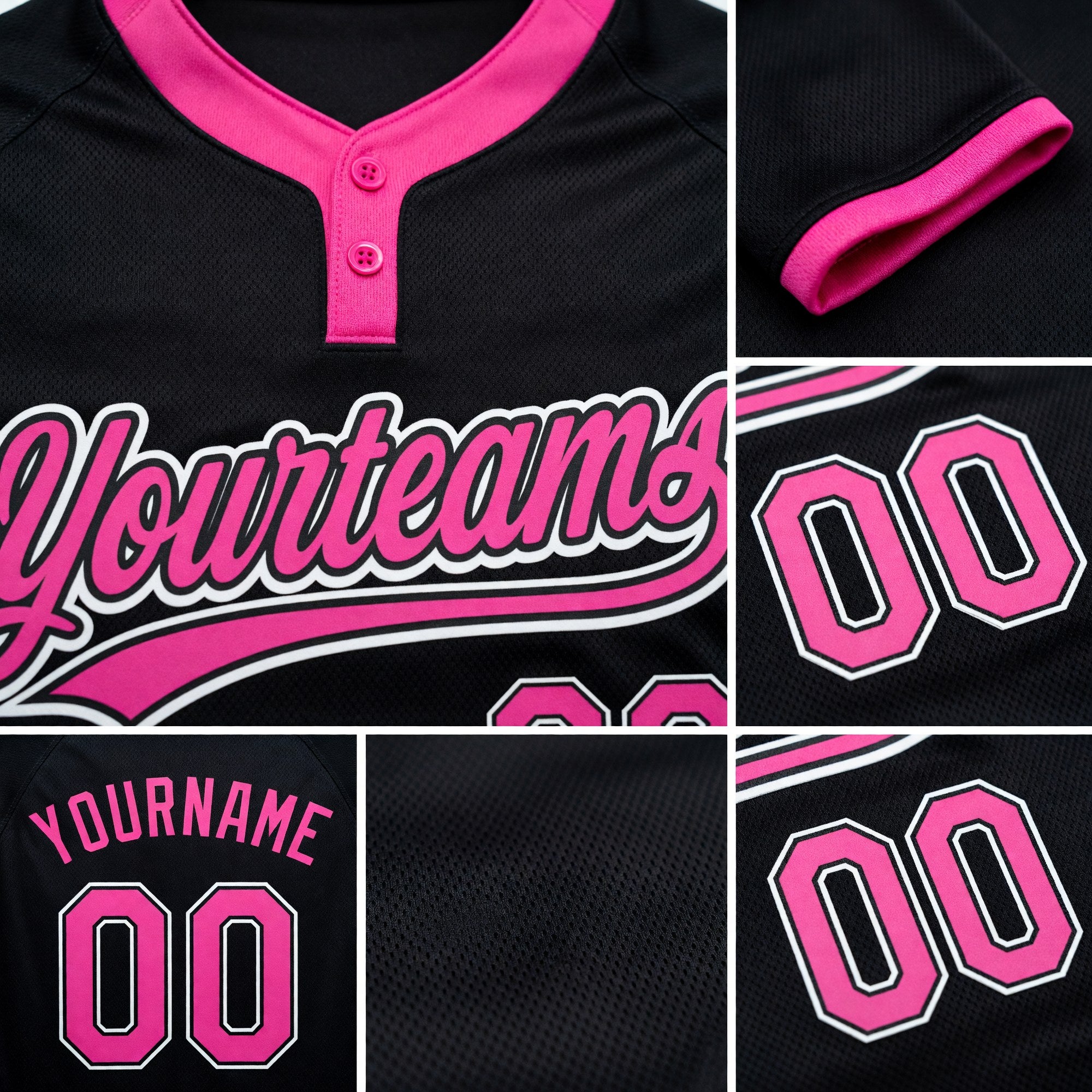Custom Black Pink-White Two-Button Unisex Softball Jersey detail