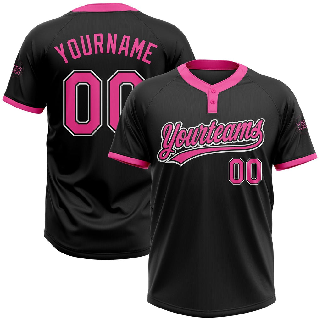 Custom Black Pink-White Two-Button Unisex Softball Jersey photo 1