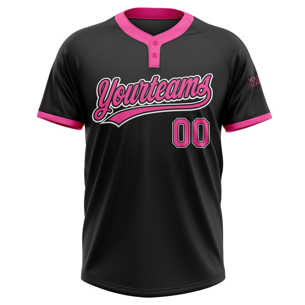 Custom Black Pink-White Two-Button Unisex Softball Jersey photo 2