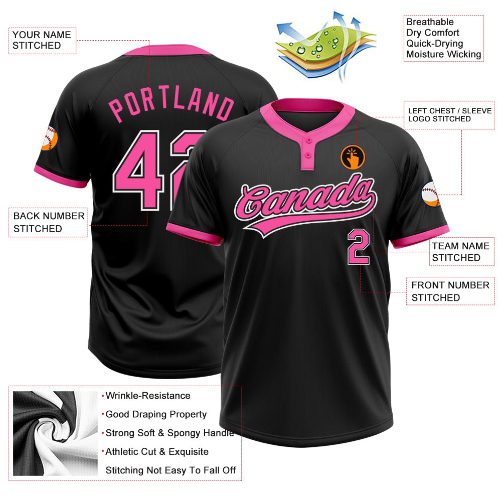 Custom Black Pink-White Two-Button Unisex Softball Jersey photo 3