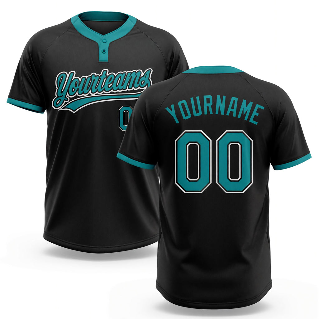 Custom Black Teal-White Two-Button Unisex Softball Jersey