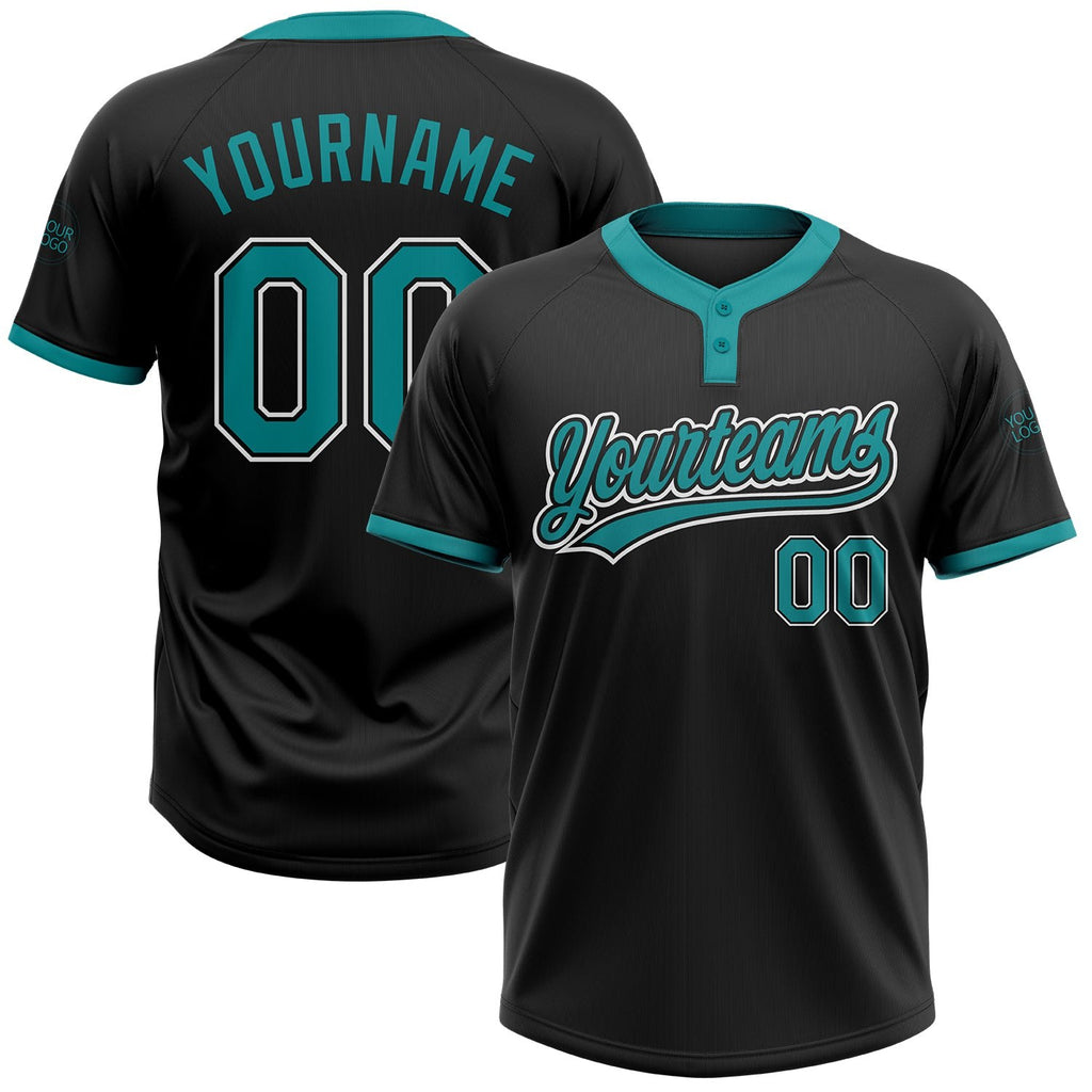 Custom Black Teal-White Two-Button Unisex Softball Jersey photo 1