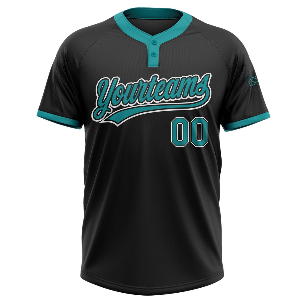 Custom Black Teal-White Two-Button Unisex Softball Jersey photo 2