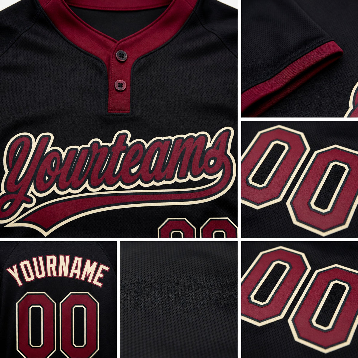 Custom Black Crimson-Cream Two-Button Unisex Softball Jersey detail