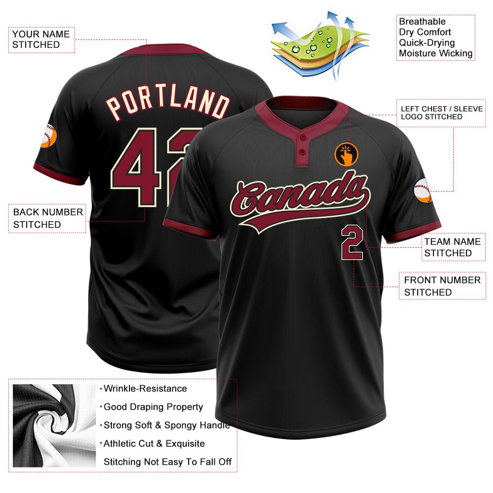 Custom Black Crimson-Cream Two-Button Unisex Softball Jersey photo 3