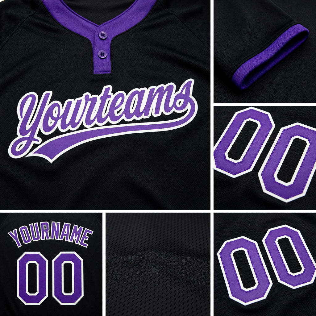 Custom Black Purple-White Two-Button Unisex Softball Jersey detail