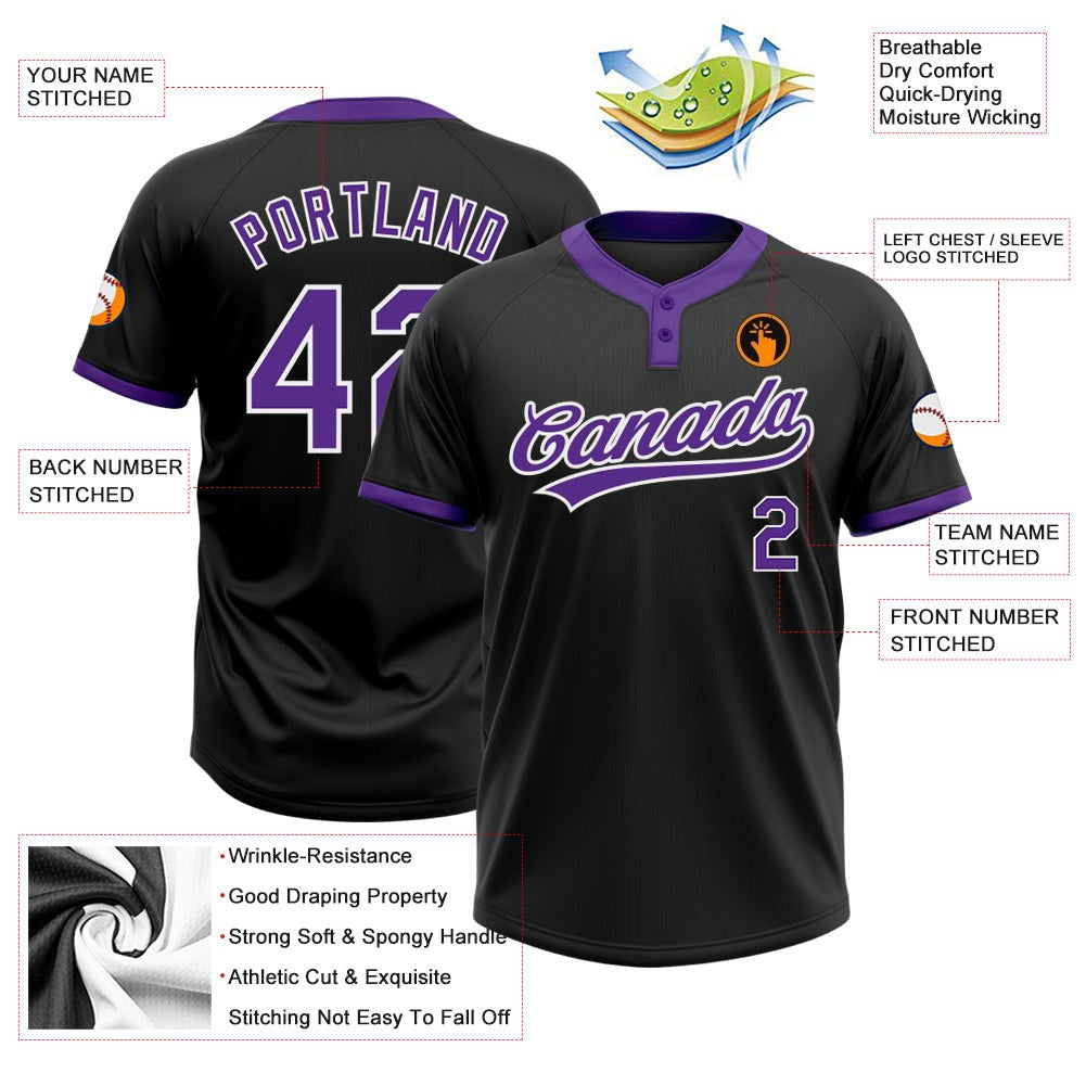 Custom Black Purple-White Two-Button Unisex Softball Jersey photo 3