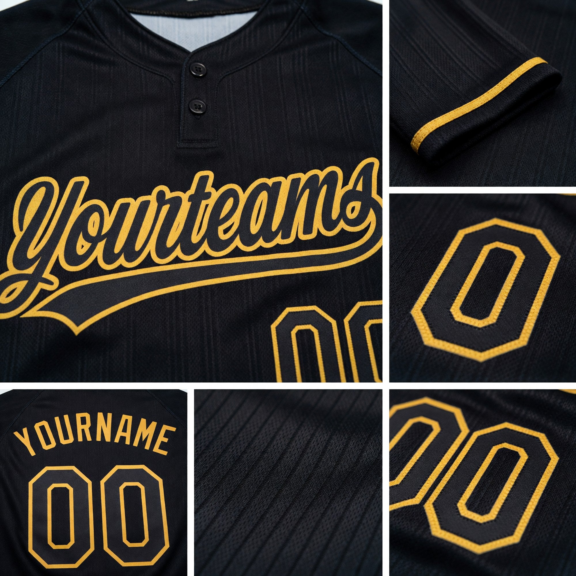 Custom Black Black-Old Gold Two-Button Unisex Softball Jersey detail