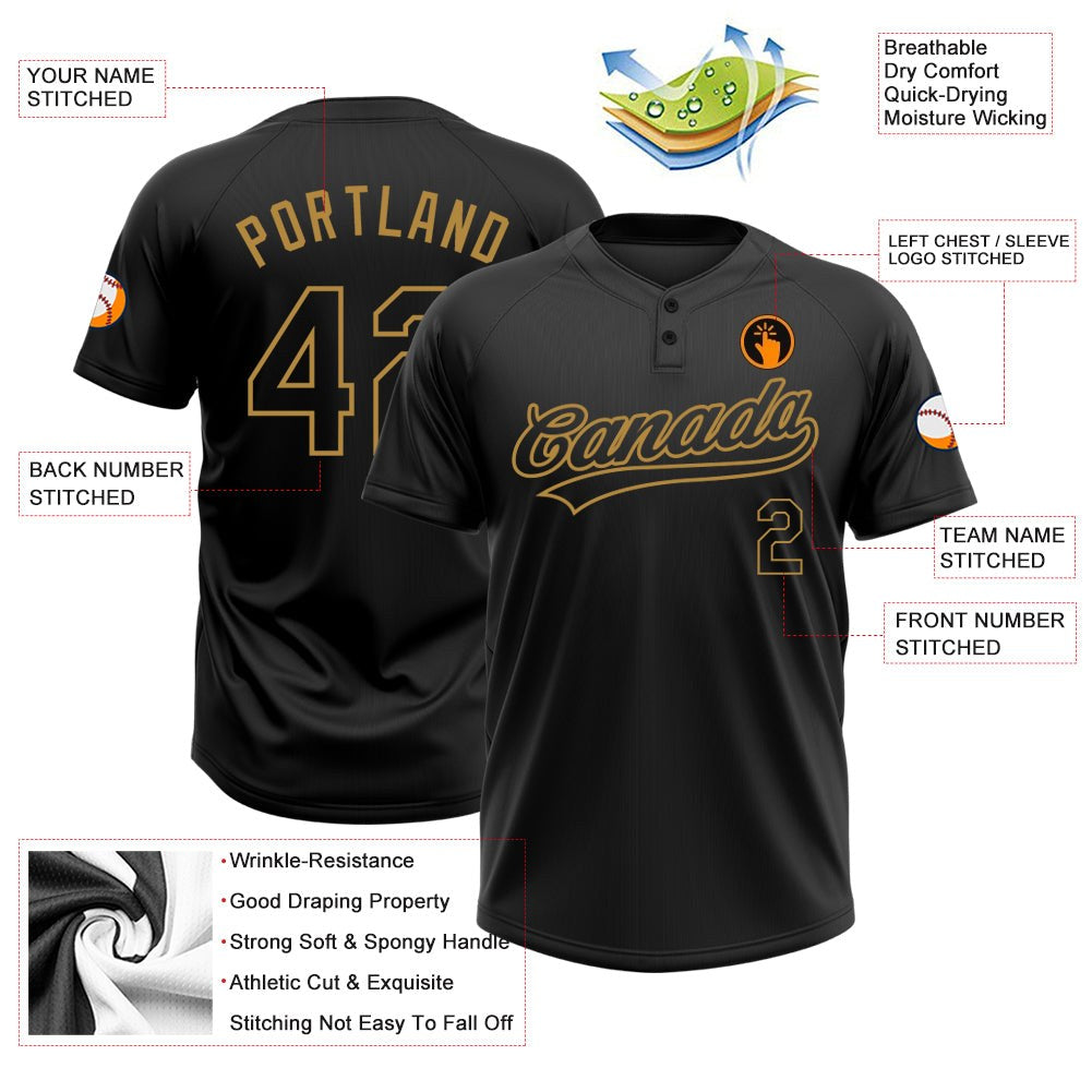 Custom Black Black-Old Gold Two-Button Unisex Softball Jersey photo 3