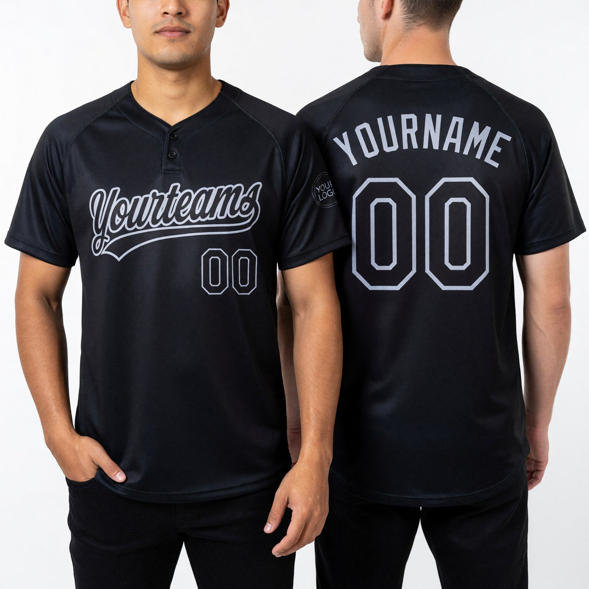 Custom Black Black-Gray Two-Button Unisex Softball Jersey worn front and back