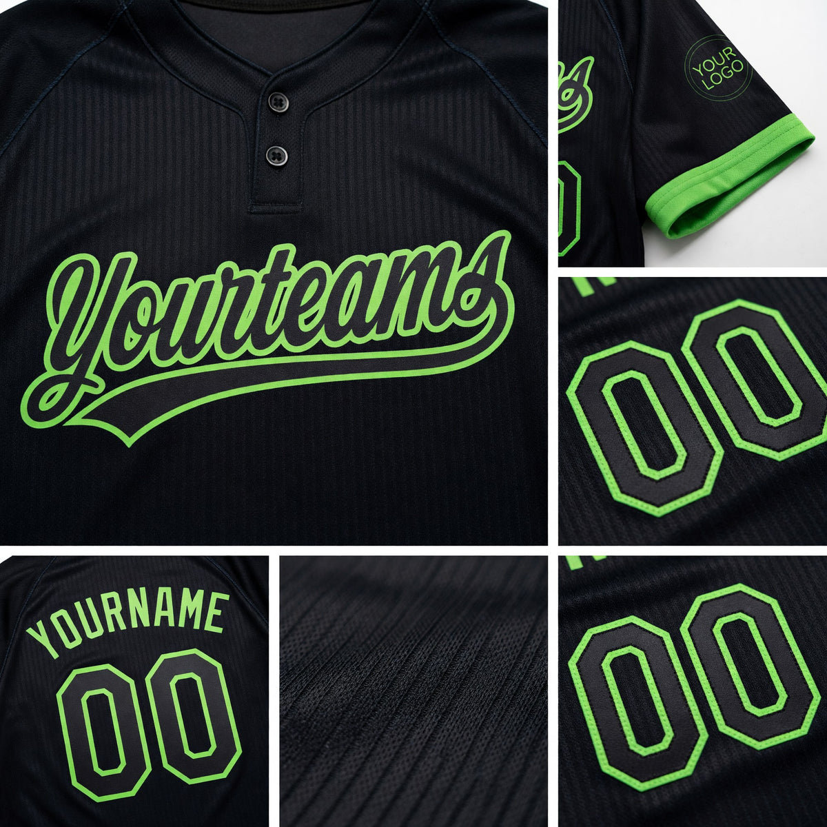 Custom Black Black-Neon Green Two-Button Unisex Softball Jersey detail