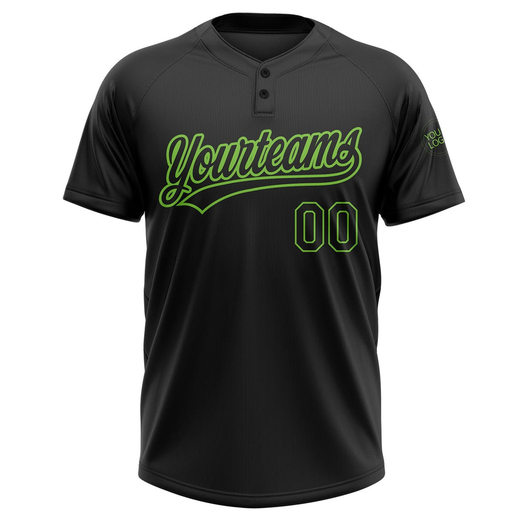 Custom Black Black-Neon Green Two-Button Unisex Softball Jersey photo 3