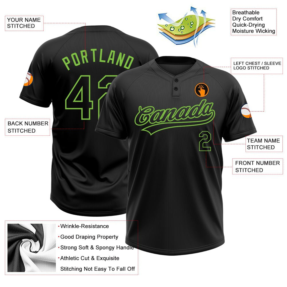 Custom Black Black-Neon Green Two-Button Unisex Softball Jersey photo 4