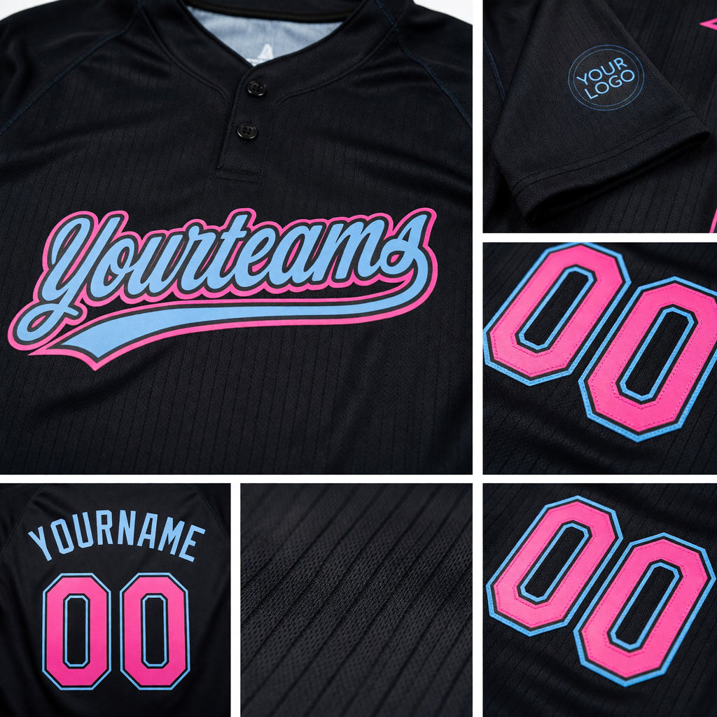 Custom Black Pink-Light Blue Two-Button Unisex Softball Jersey detail