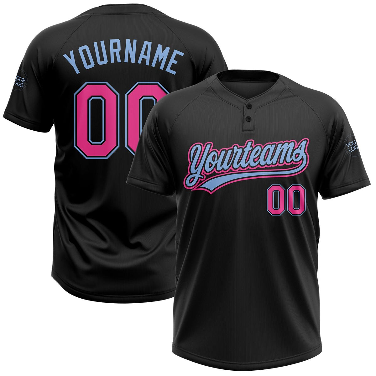 Custom Black Pink-Light Blue Two-Button Unisex Softball Jersey photo 1