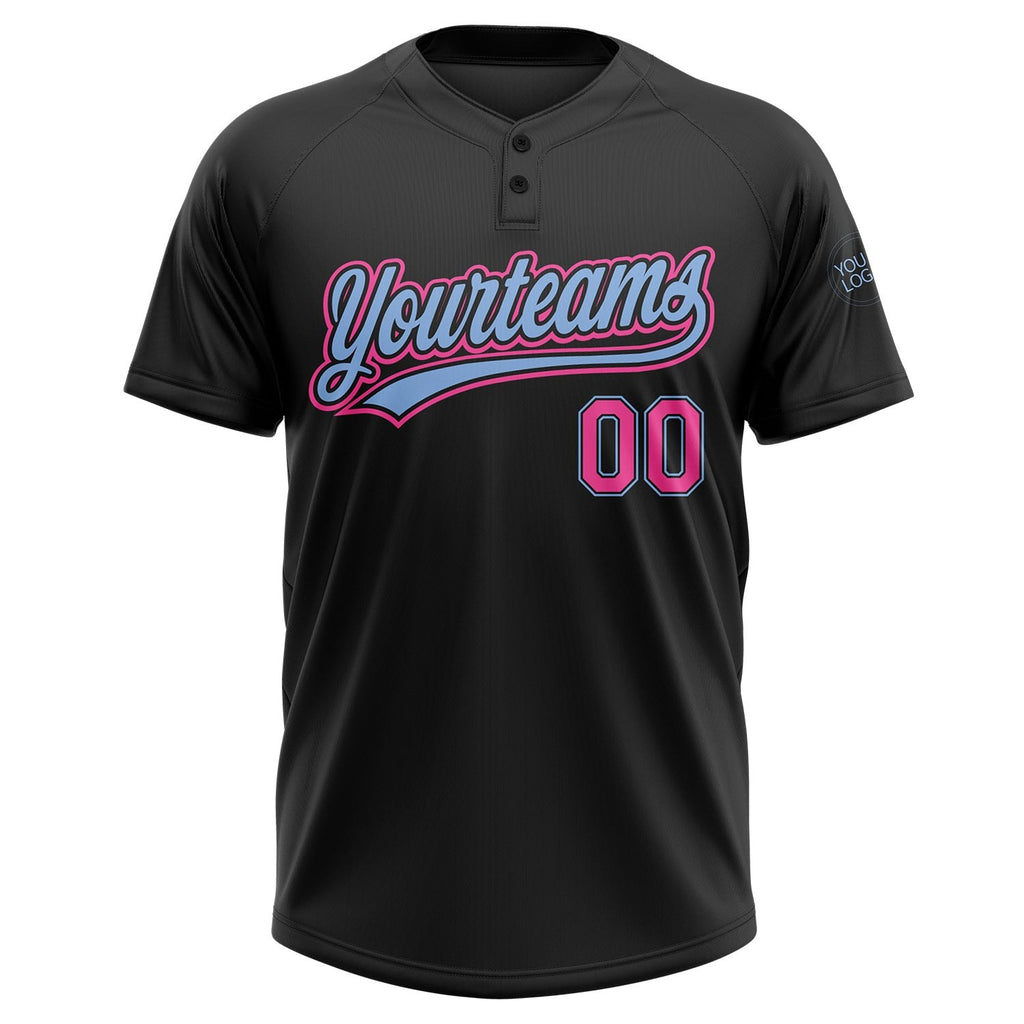 Custom Black Pink-Light Blue Two-Button Unisex Softball Jersey photo 2