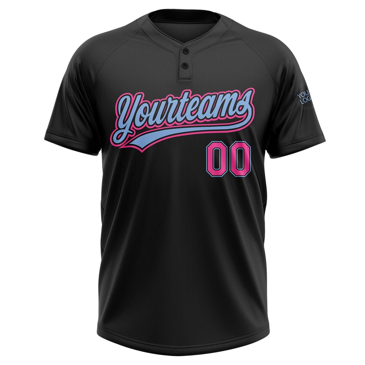 Custom Black Pink-Light Blue Two-Button Unisex Softball Jersey photo 2