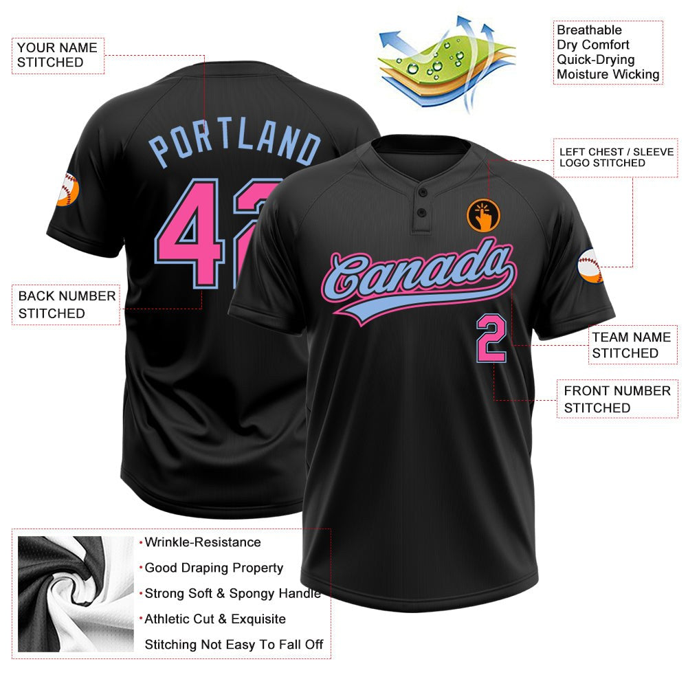 Custom Black Pink-Light Blue Two-Button Unisex Softball Jersey photo 3
