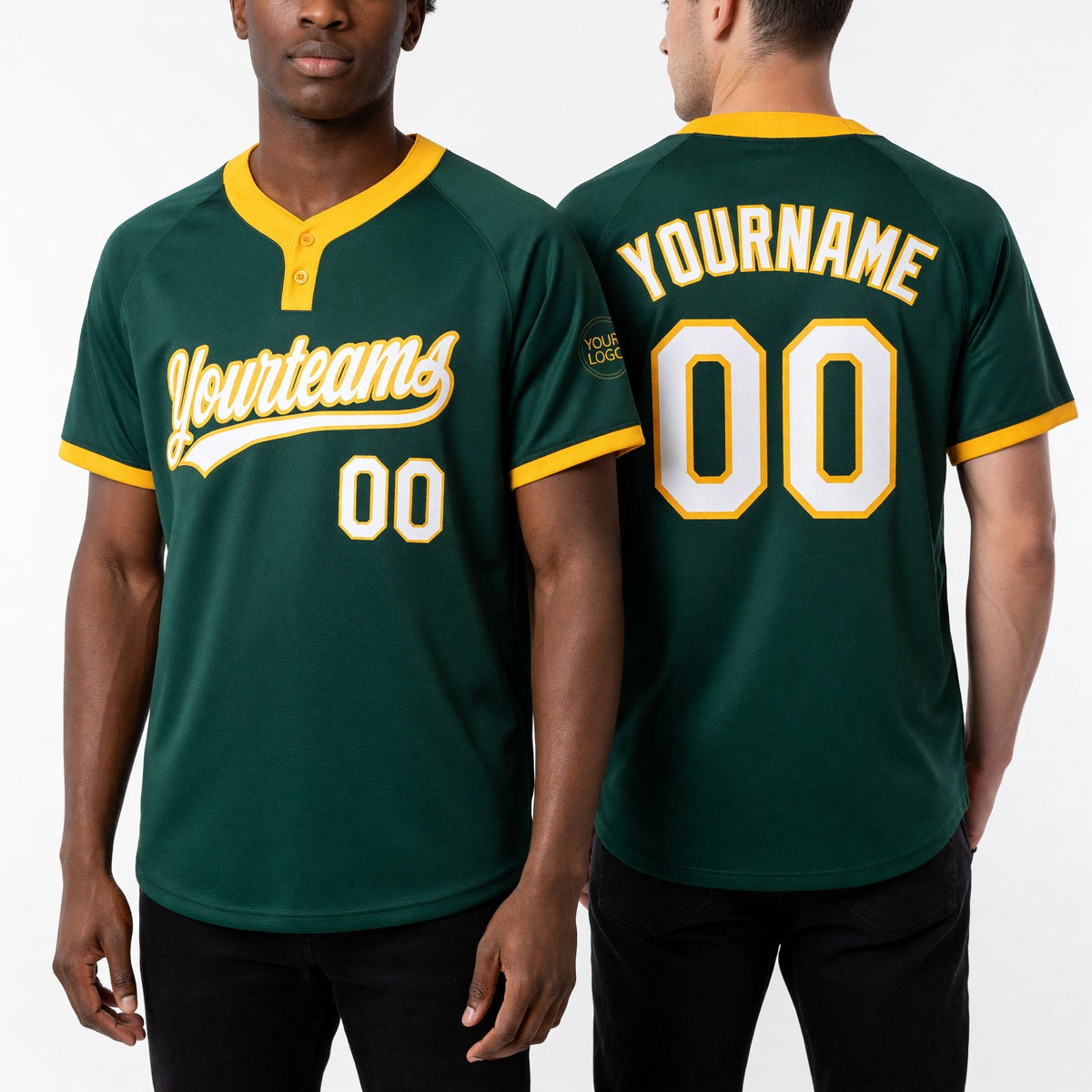 Custom Green White-Gold Two-Button Unisex Softball Jersey worn front and back