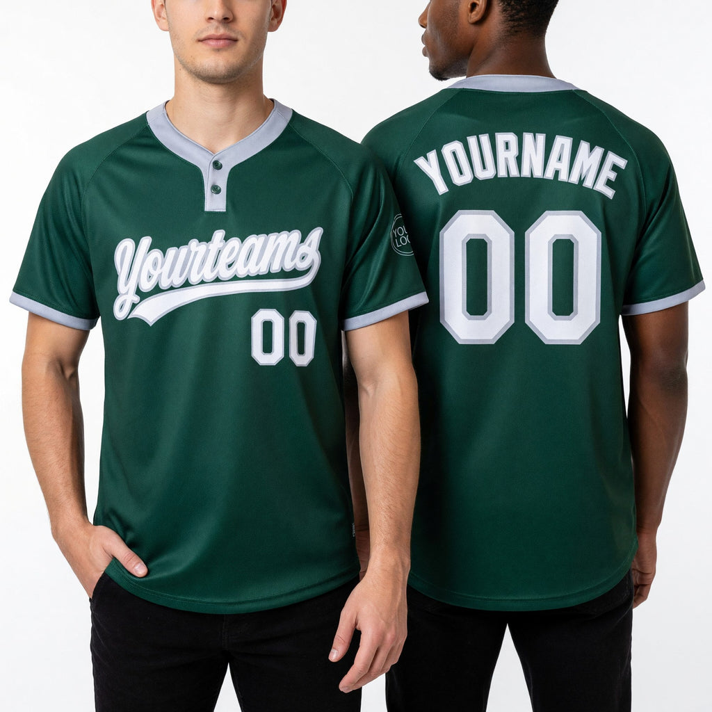 Custom Green White-Gray Two-Button Unisex Softball Jersey worn front and back