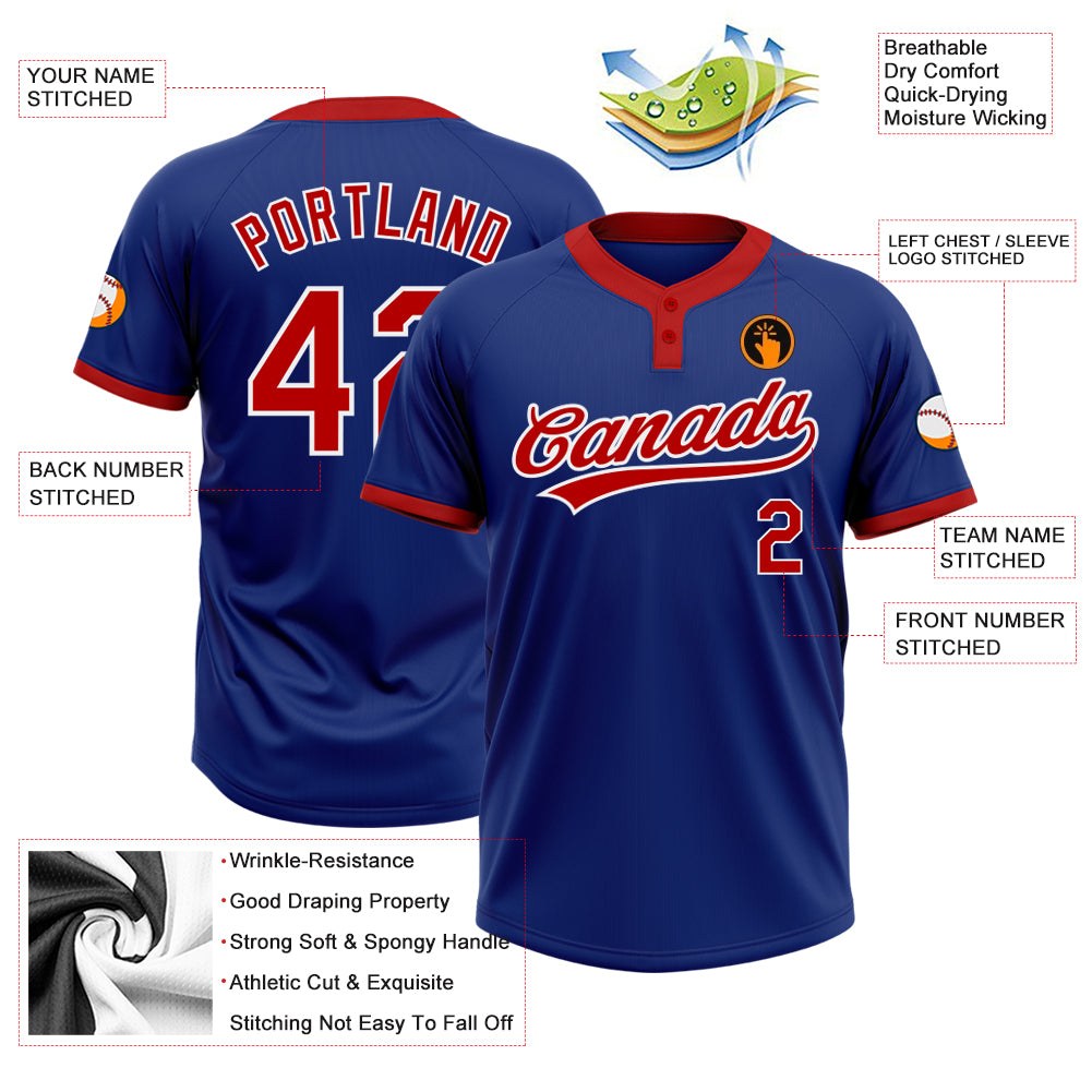 Custom Royal Red-White Two-Button Unisex Softball Jersey photo 3