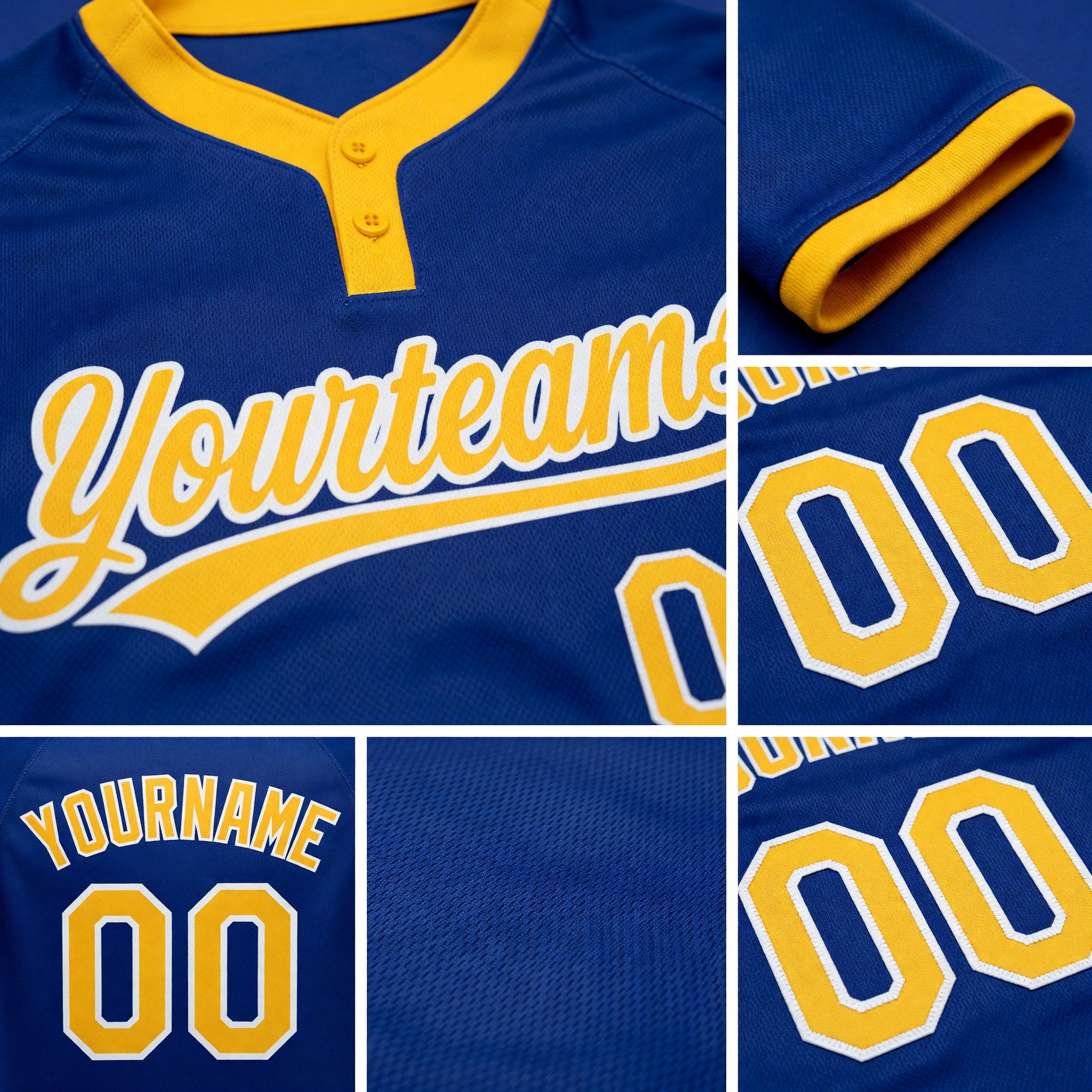 Custom Royal Gold-White Two-Button Unisex Softball Jersey detail