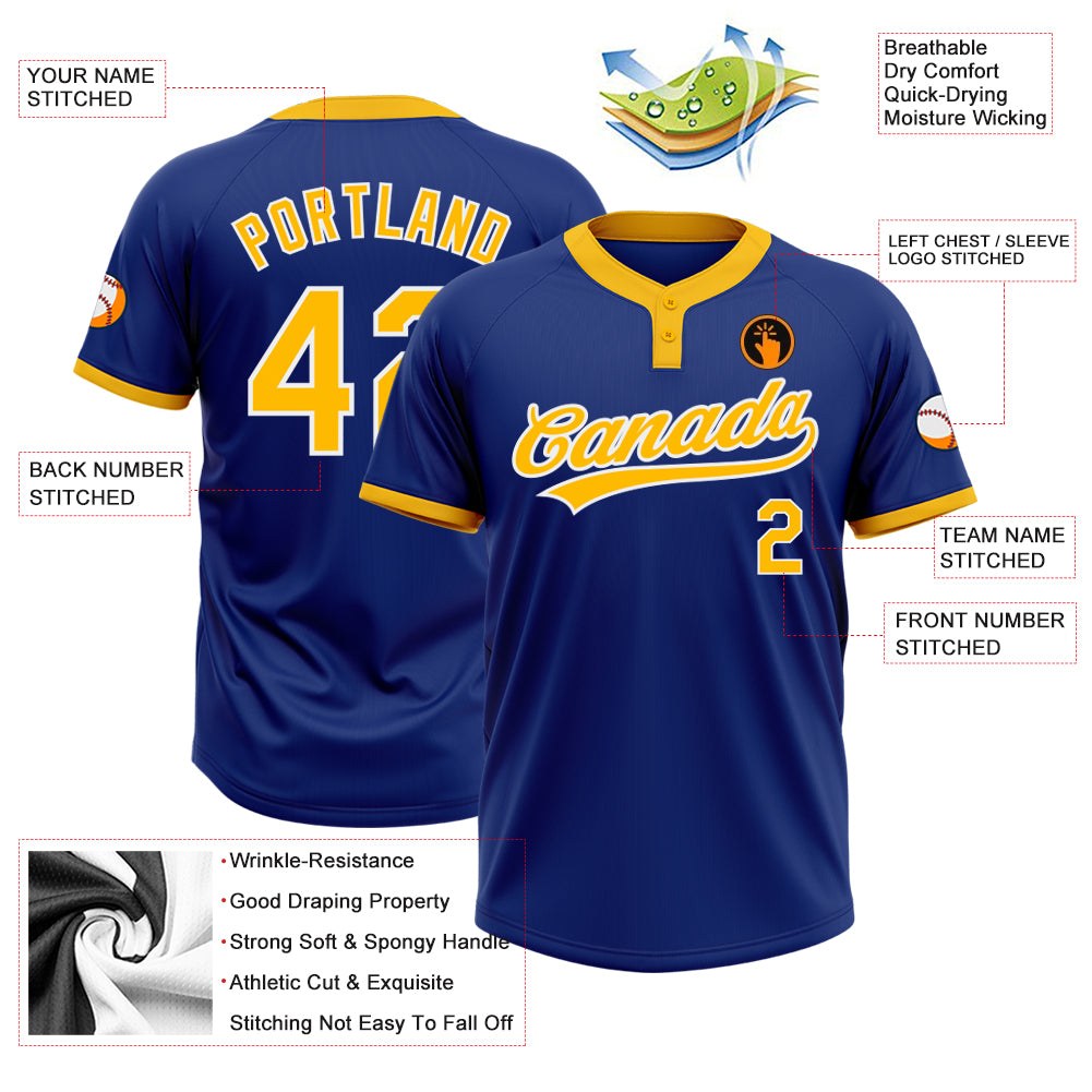 Custom Royal Gold-White Two-Button Unisex Softball Jersey photo 3