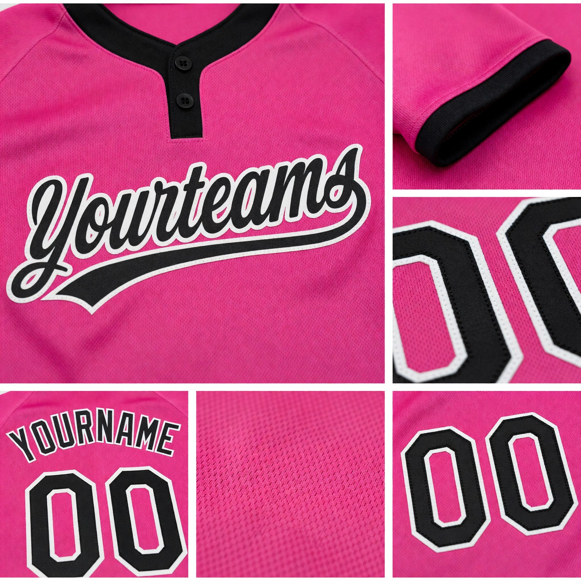 Custom Pink Black-White Two-Button Unisex Softball Jersey detail