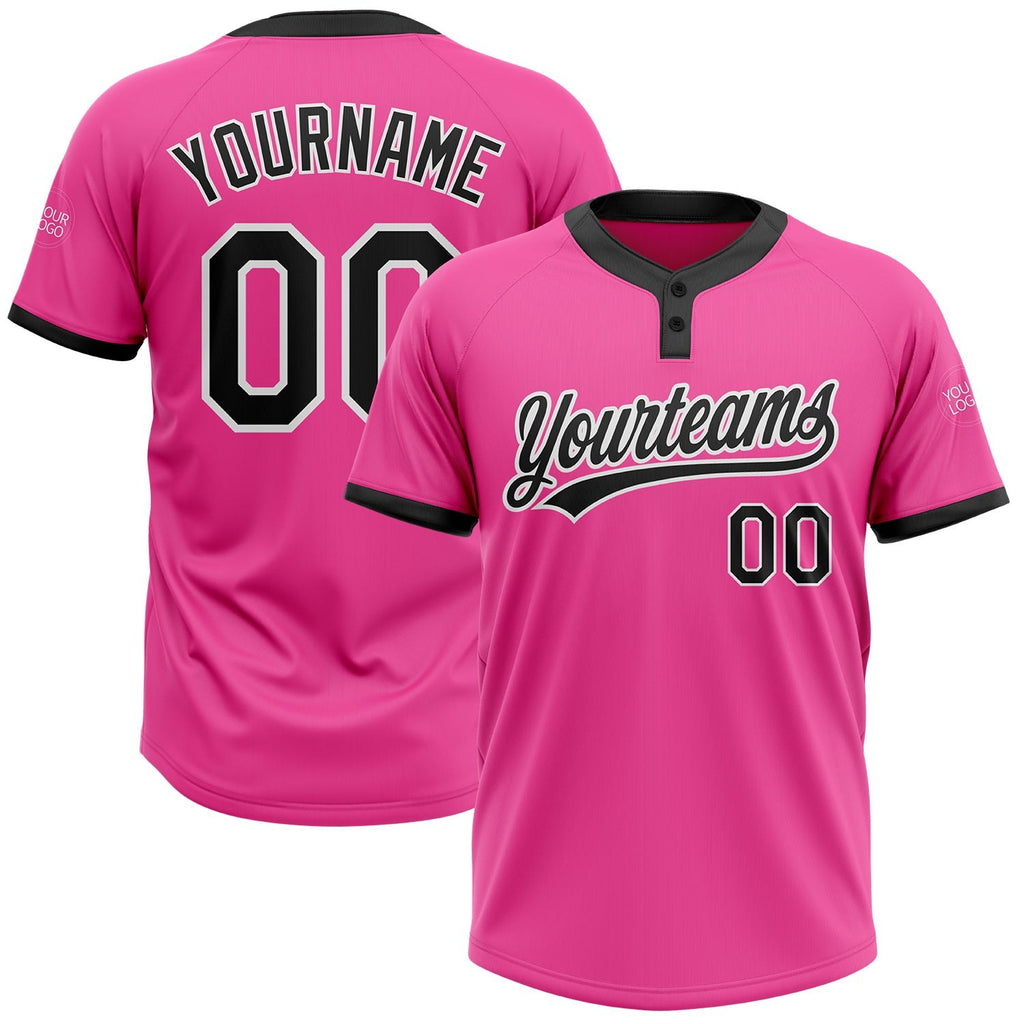 Custom Pink Black-White Two-Button Unisex Softball Jersey photo 1