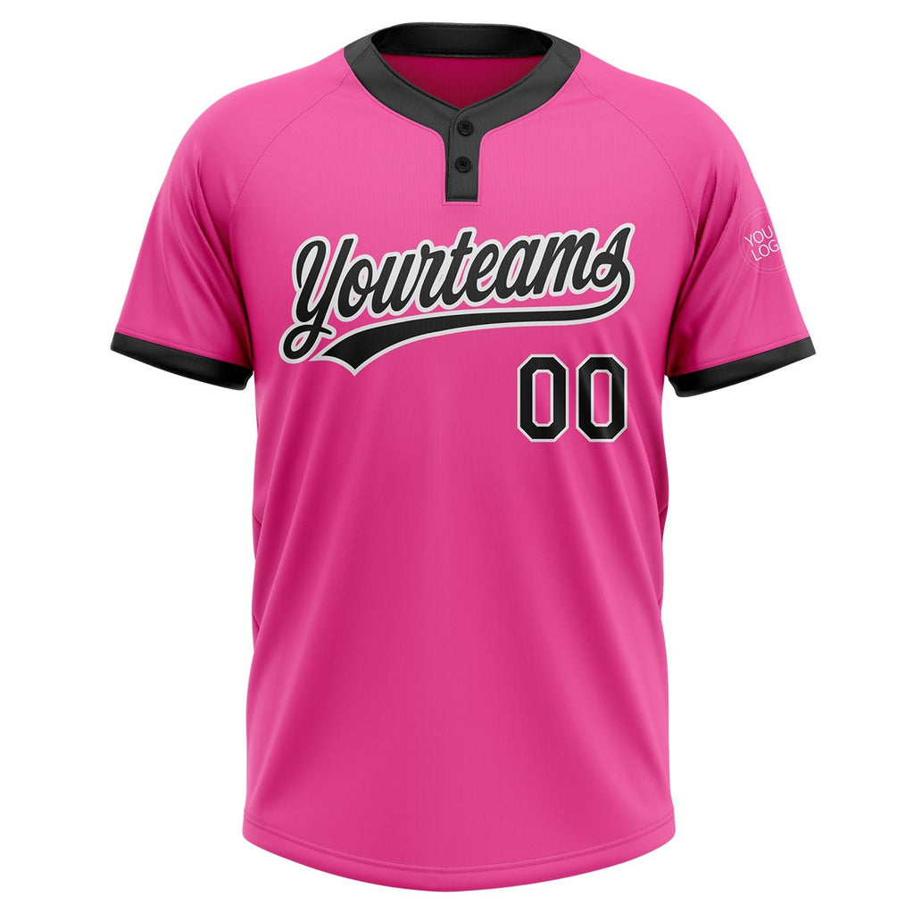 Custom Pink Black-White Two-Button Unisex Softball Jersey photo 2