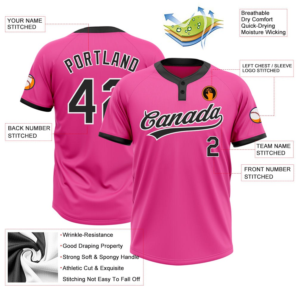 Custom Pink Black-White Two-Button Unisex Softball Jersey photo 3