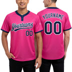 Custom Pink Navy-White Two-Button Unisex Softball Jersey worn front and back
