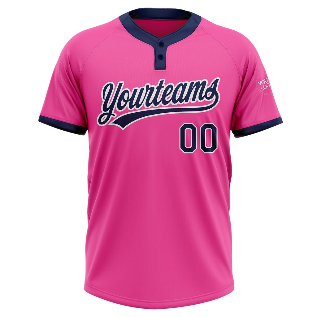 Custom Pink Navy-White Two-Button Unisex Softball Jersey photo 2