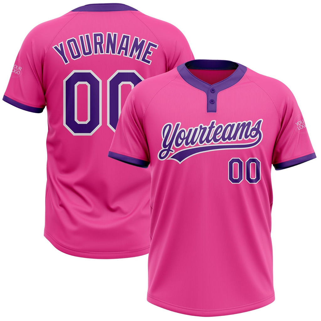 Custom Pink Purple-White Two-Button Unisex Softball Jersey photo 1