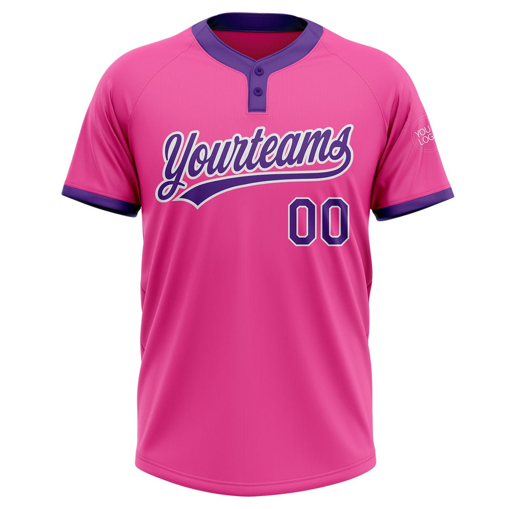 Custom Pink Purple-White Two-Button Unisex Softball Jersey photo 2