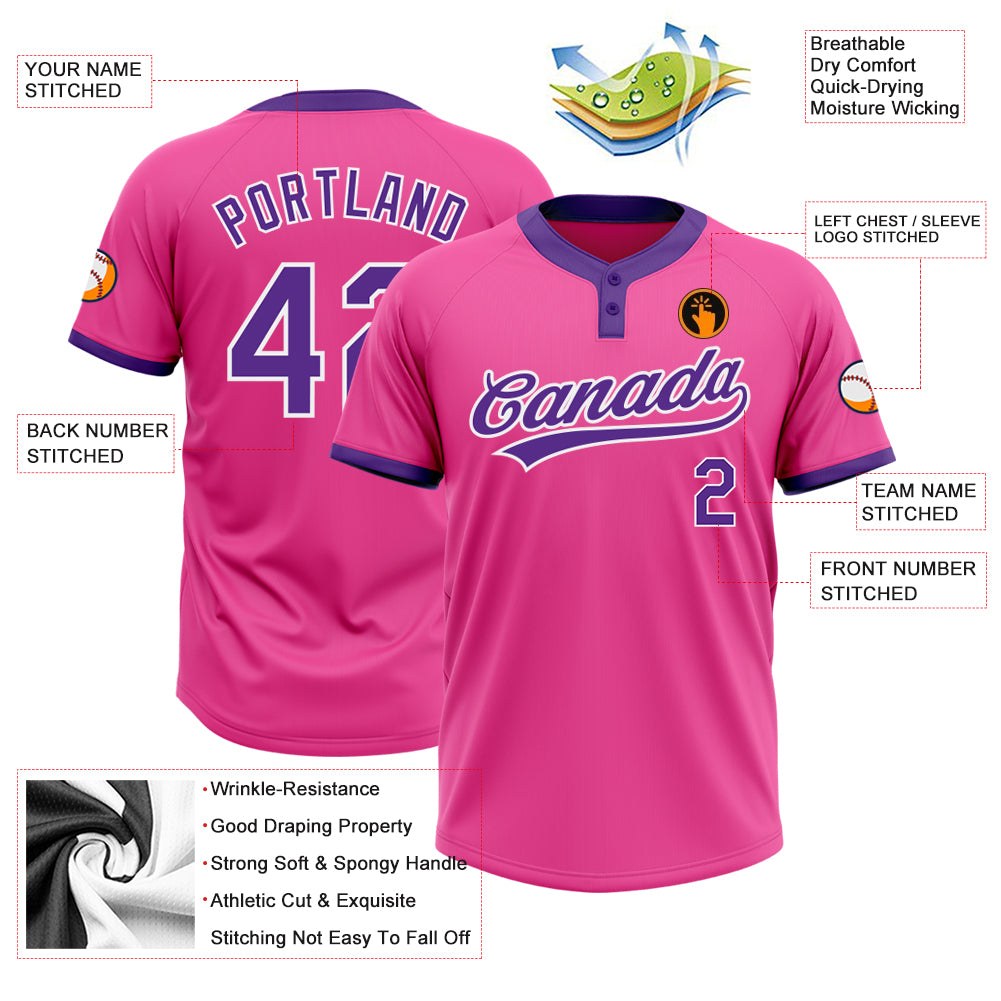 Custom Pink Purple-White Two-Button Unisex Softball Jersey photo 3