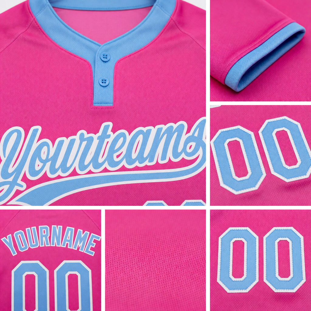 Custom Pink Light Blue-White Two-Button Unisex Softball Jersey detail