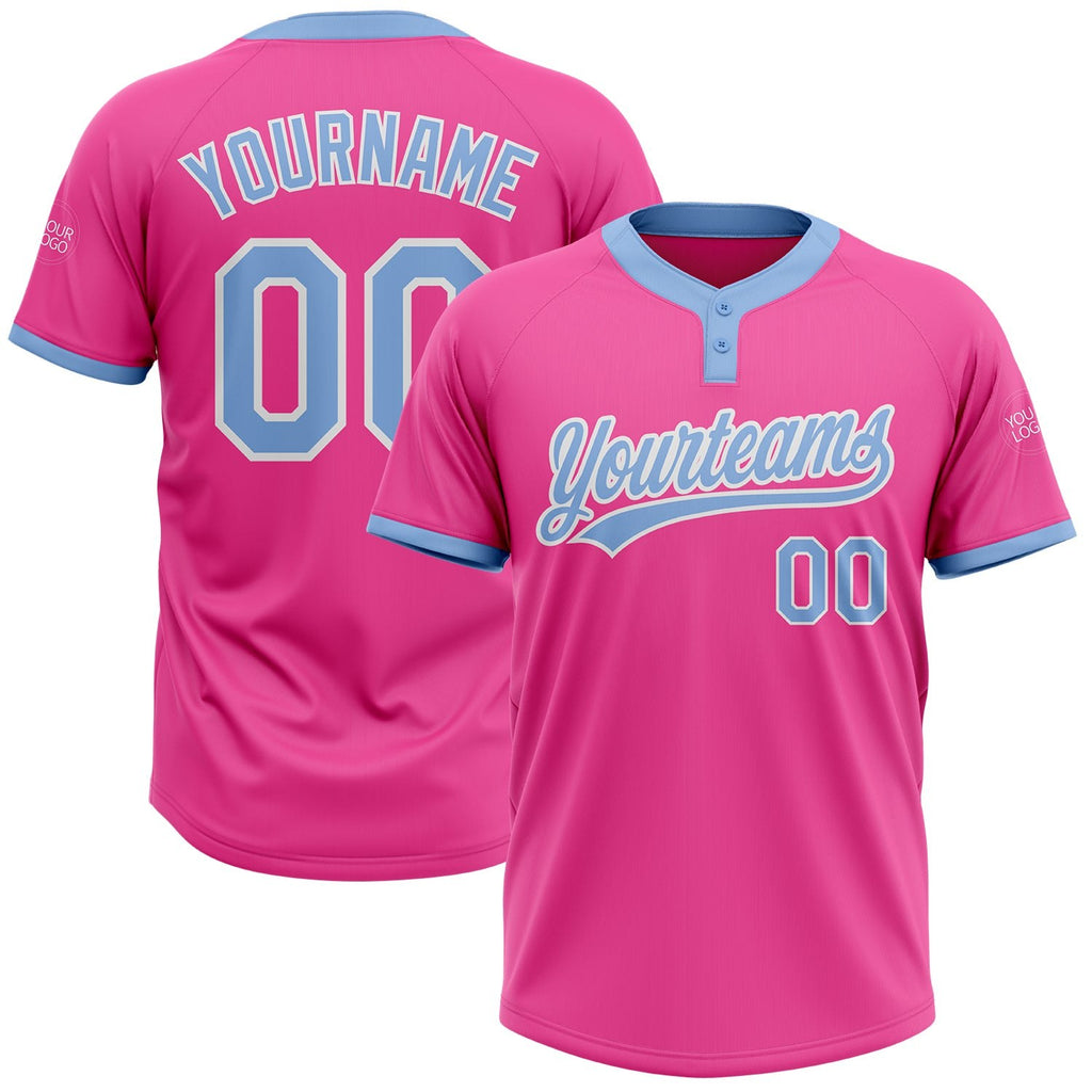 Custom Pink Light Blue-White Two-Button Unisex Softball Jersey photo 1