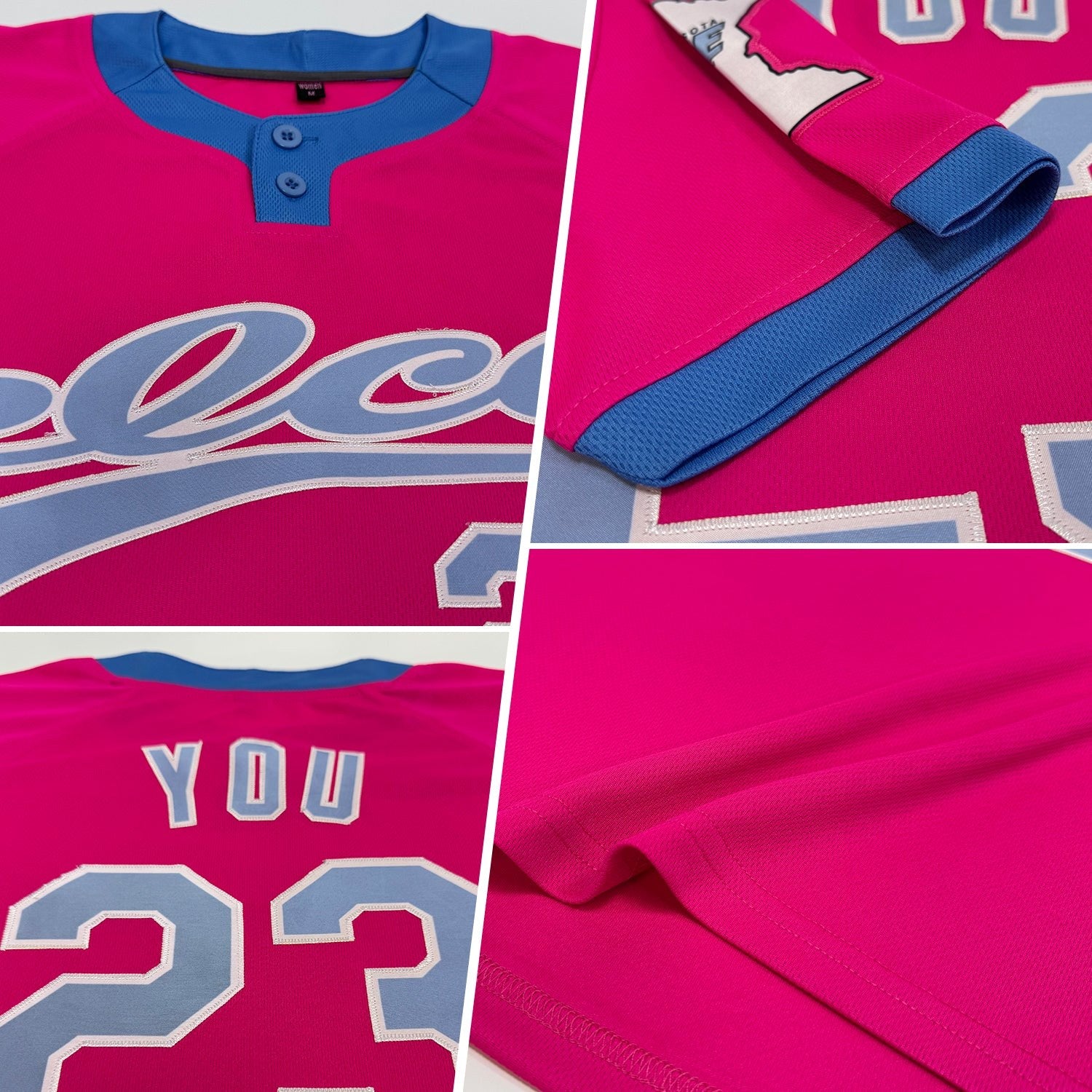 Custom Pink Light Blue-White Two-Button Unisex Softball Jersey photo 2