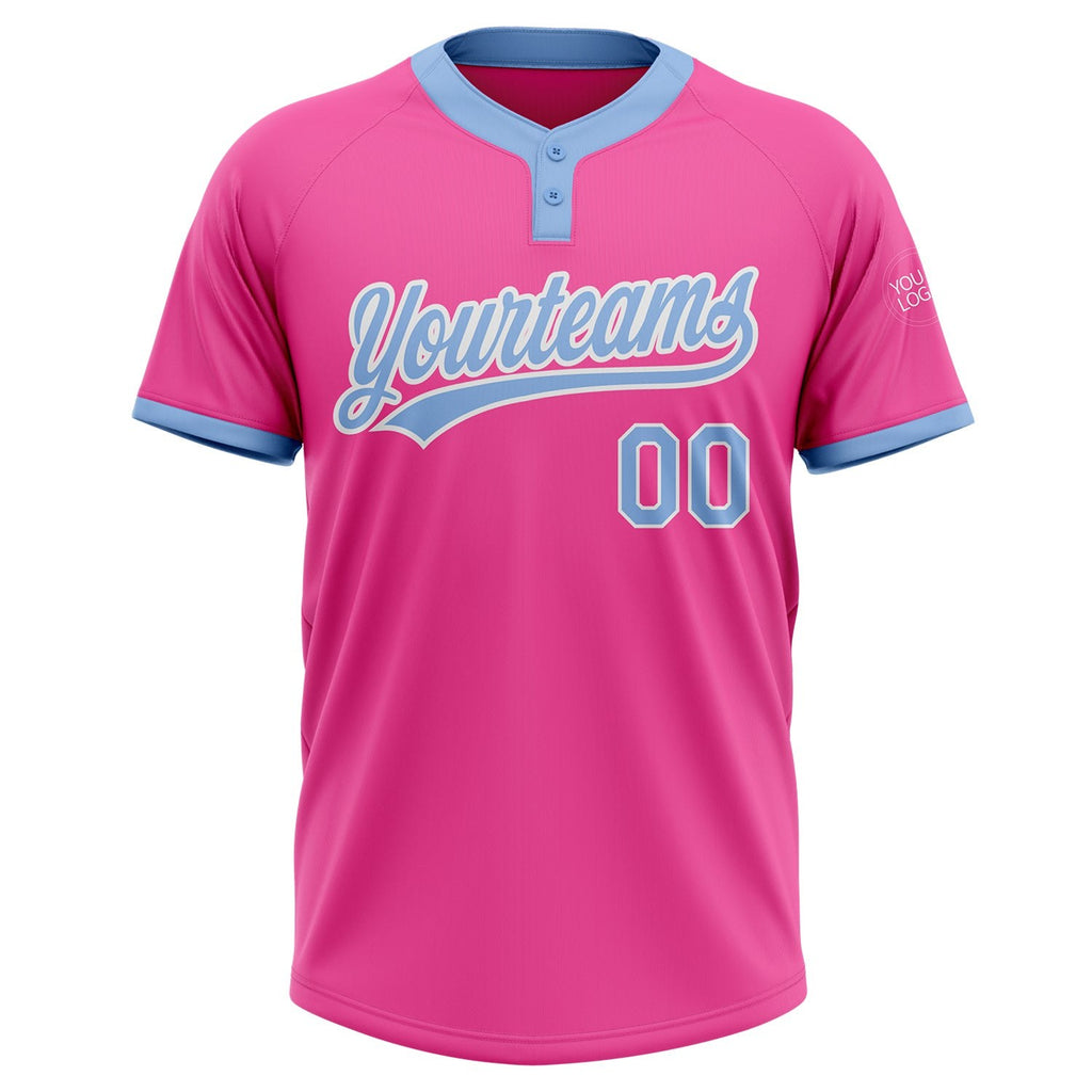 Custom Pink Light Blue-White Two-Button Unisex Softball Jersey photo 3
