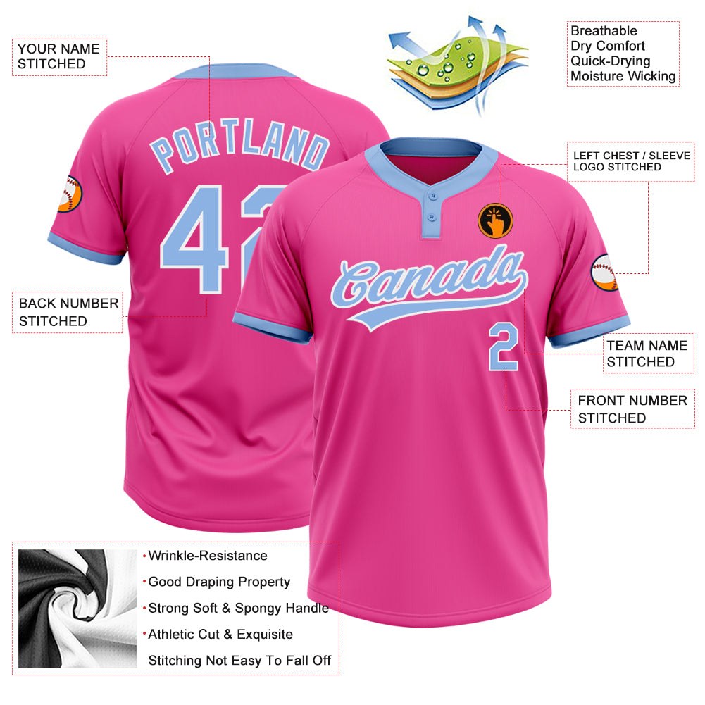 Custom Pink Light Blue-White Two-Button Unisex Softball Jersey photo 4
