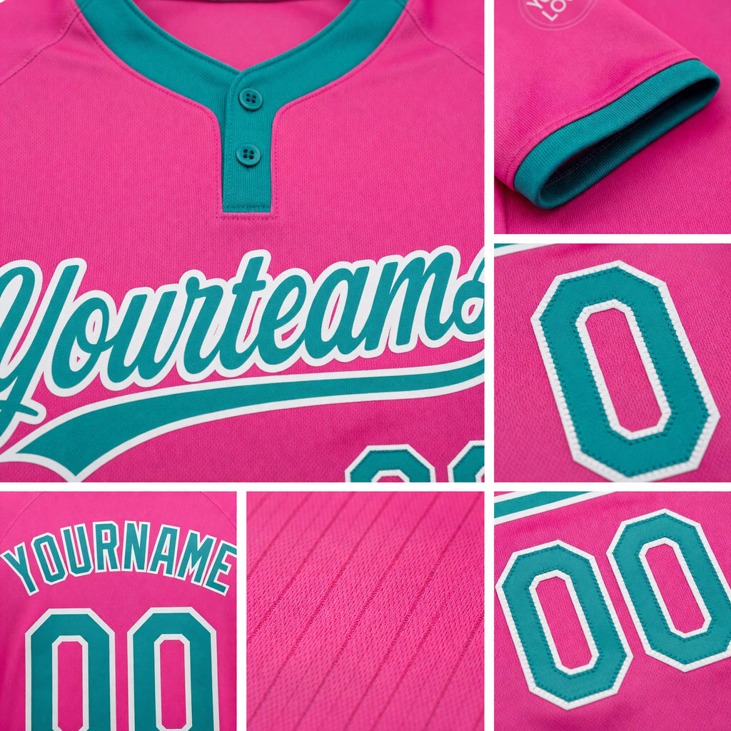 Custom Pink Teal-White Two-Button Unisex Softball Jersey detail