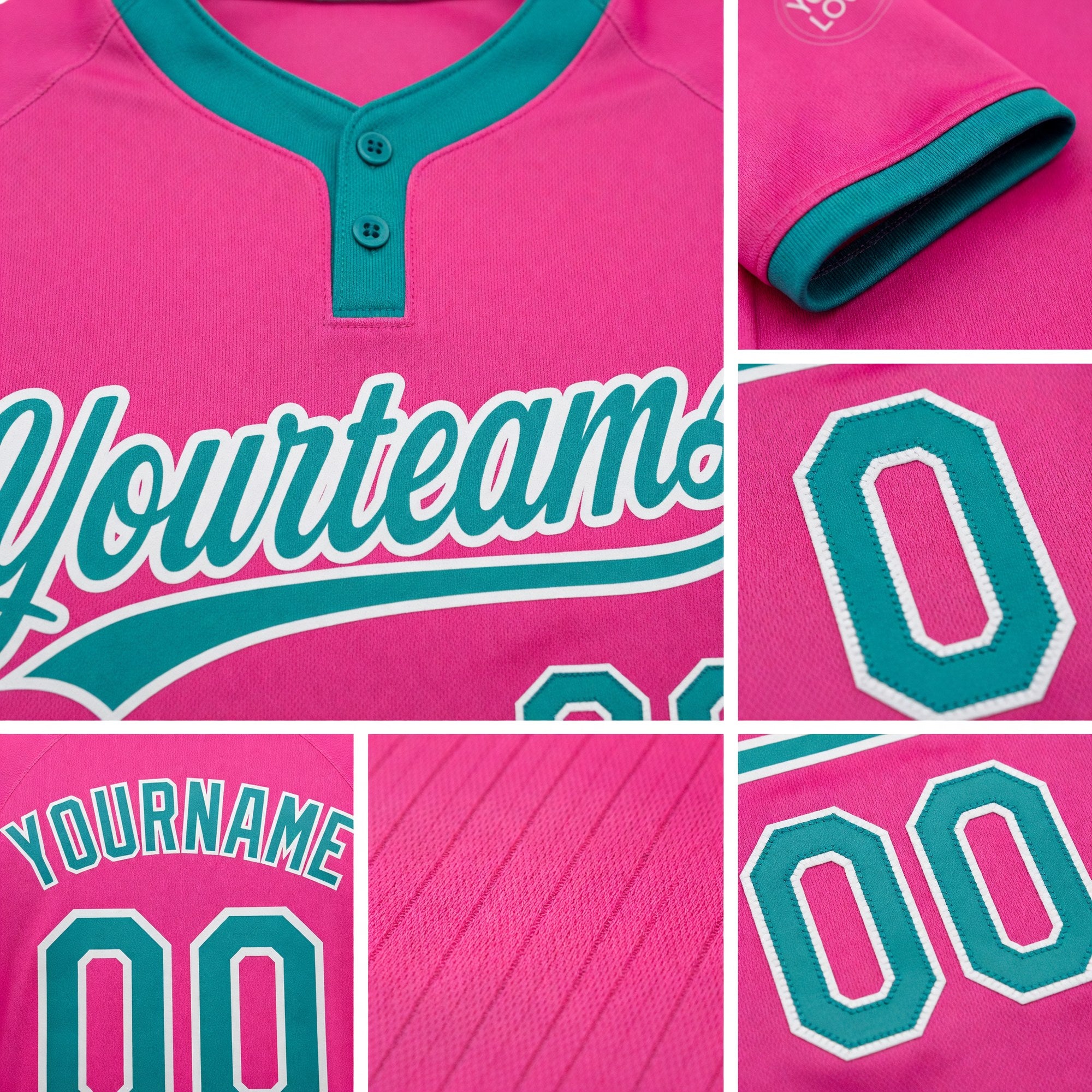 Custom Pink Teal-White Two-Button Unisex Softball Jersey detail