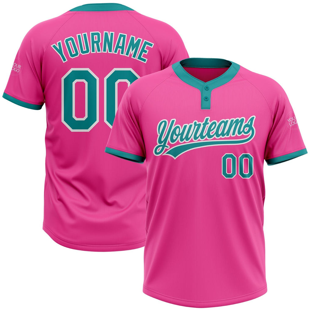 Custom Pink Teal-White Two-Button Unisex Softball Jersey photo 1