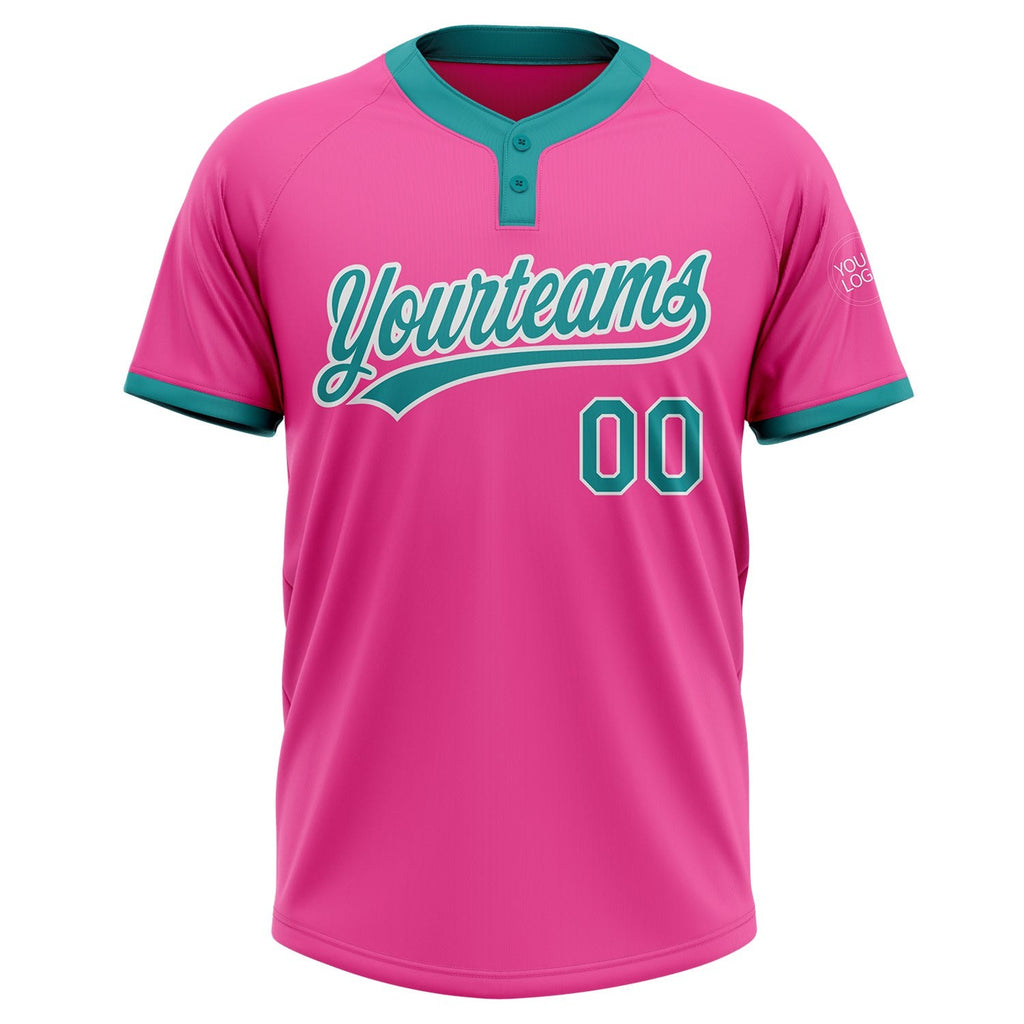 Custom Pink Teal-White Two-Button Unisex Softball Jersey photo 2
