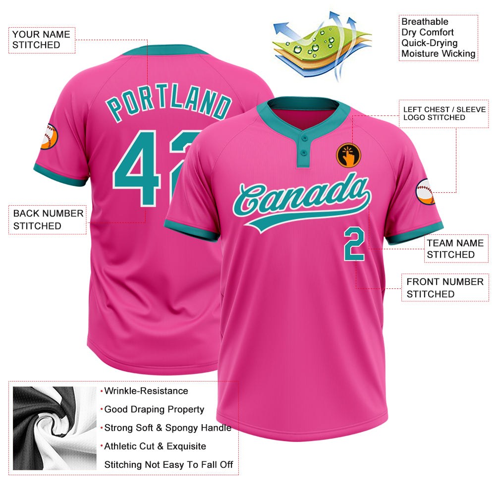 Custom Pink Teal-White Two-Button Unisex Softball Jersey photo 3